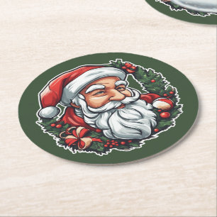 Weihnachtsmannkopf mit Kranz - Round Paper Coaster