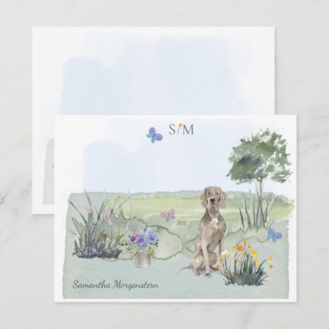 Weimaraner Butterfly Meadow Monogram & Name  Card (Front/Back)
