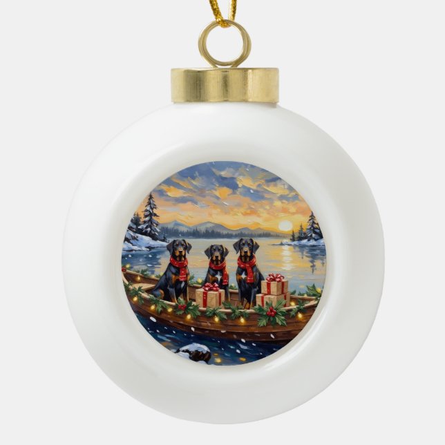 Weimaraner Christmas Boat Holiday Ceramic Ball Christmas Ornament (Front)