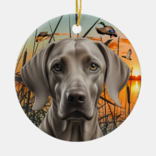 Weimaraner Christmas Ornament, Duck Hunting Ceramic Tree Decoration