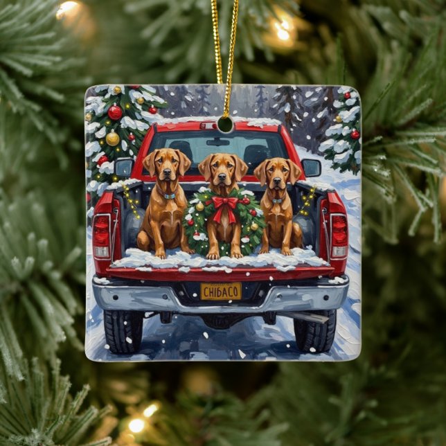 Weimaraner Christmas Red Truck Holiday Ceramic Ornament (Tree)