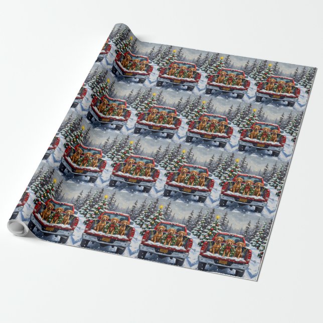 Weimaraner Christmas Red Truck Holiday Wrapping Paper (Unrolled)