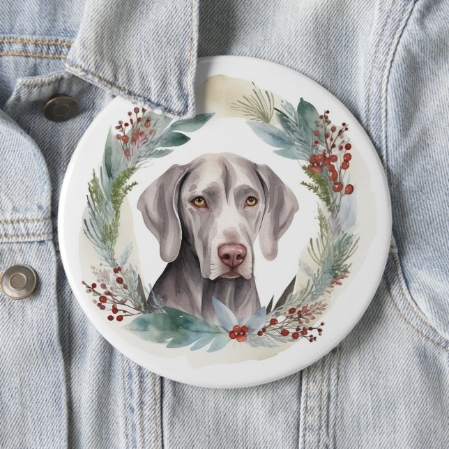Weimaraner Christmas Wreath Festive Pup  6 Cm Round Badge (In Situ)