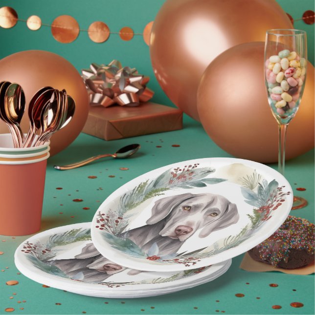 Weimaraner Christmas Wreath Festive Pup  Paper Plate (Multi)