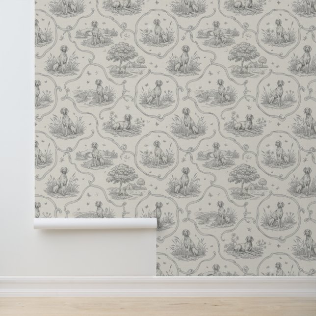 Weimaraner Country Toile: Grayscale Dog Landscape Wallpaper (Application)