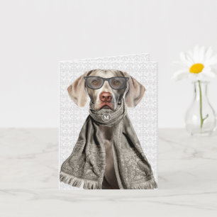 Weimaraner Dog and Grey Damask Monogrammed Card