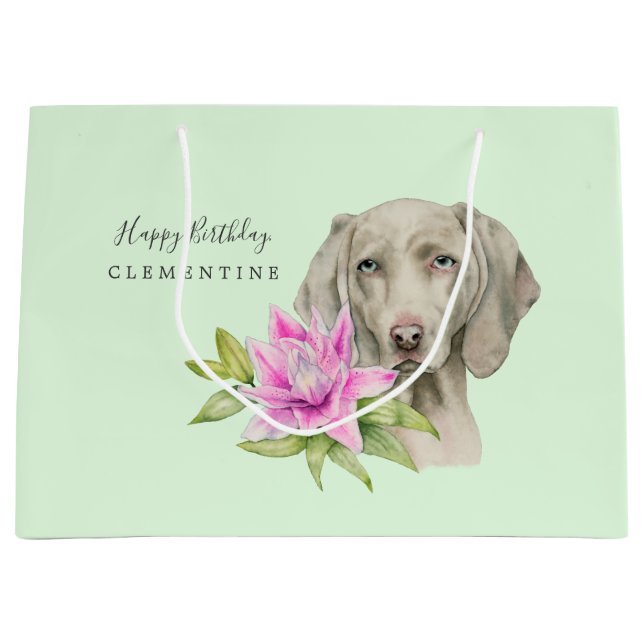 Weimaraner Dog and Lily Watercolor | Birthday Large Gift Bag (Front)