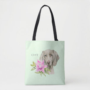 Weimaraner Dog and Lily Watercolor   Monogram Tote Bag