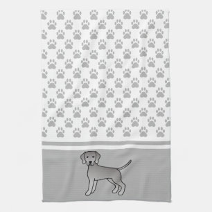 Weimaraner Dog Cartoon Illustration & Paws Pattern Tea Towel