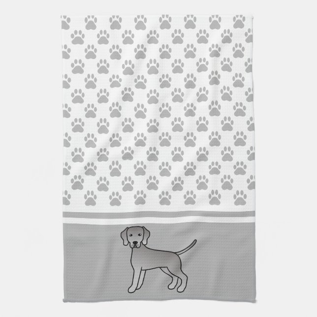 Weimaraner Dog Cartoon Illustration & Paws Pattern Tea Towel (Vertical)