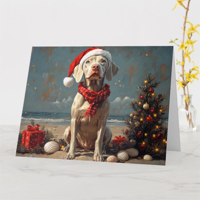 Weimaraner Dog Christmas Vintage Beach  Card (Yellow Flower)