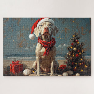 Weimaraner Dog Christmas Vintage Beach  Jigsaw Puzzle