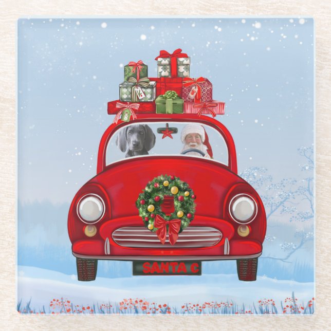 Weimaraner Dog In Car With Santa Claus  Glass Coaster (Front)