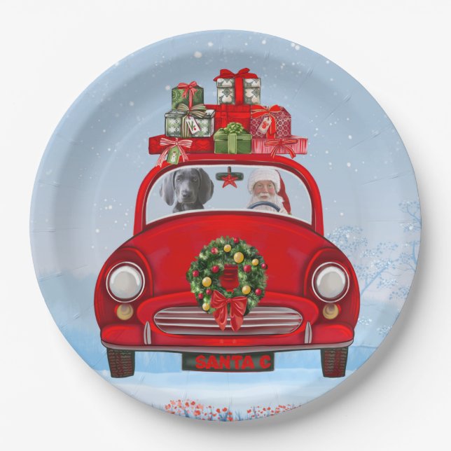 Weimaraner Dog In Car With Santa Claus Paper Plate (Front)