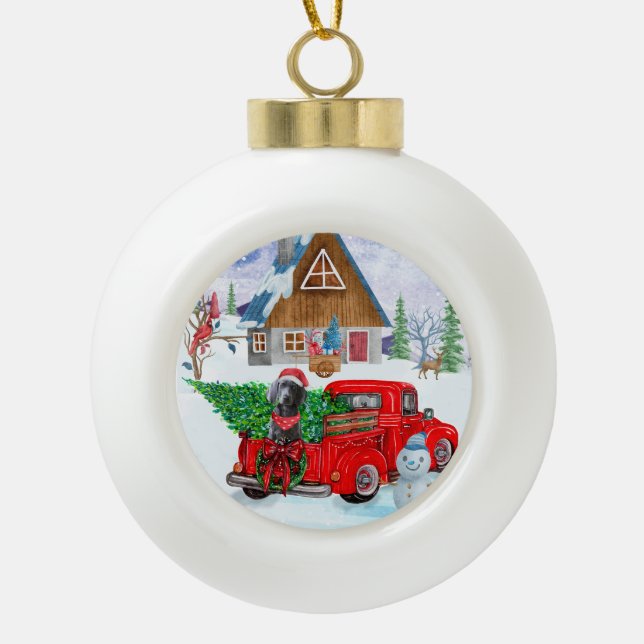 Weimaraner Dog In Christmas Delivery Truck Snow  Ceramic Ball Christmas Ornament (Front)