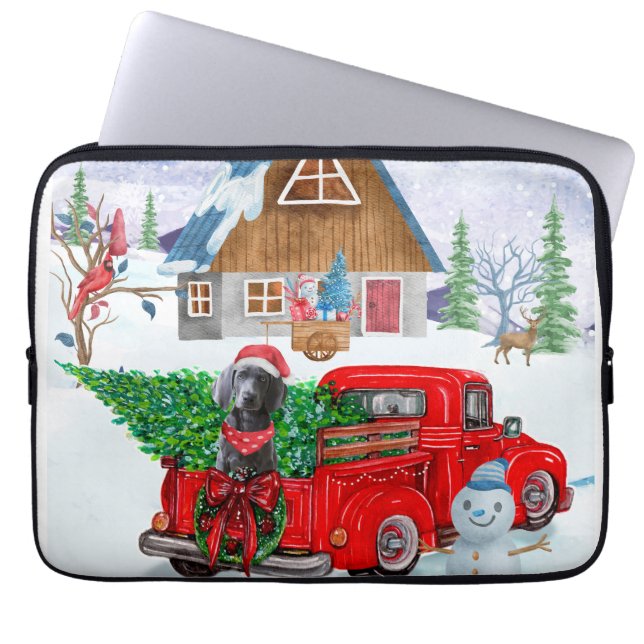 Weimaraner Dog In Christmas Delivery Truck Snow Laptop Sleeve (Front)