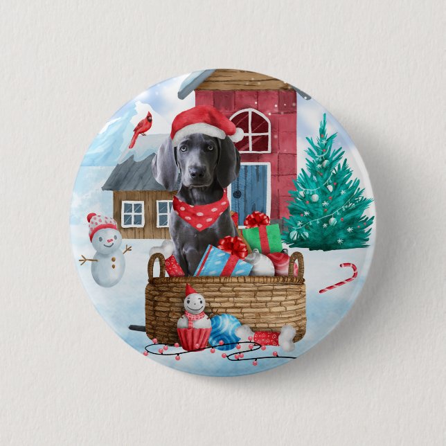 Weimaraner Dog In snow Christmas Dog House 6 Cm Round Badge (Front)