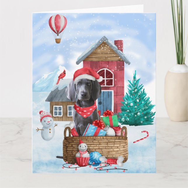 Weimaraner Dog In snow Christmas Dog House Card (Front)