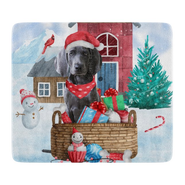 Weimaraner Dog In snow Christmas Dog House Cutting Board (Front)