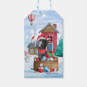 Weimaraner Dog In snow Christmas Dog House Gift Tags