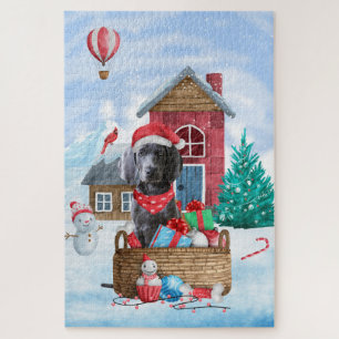 Weimaraner Dog In snow Christmas Dog House Jigsaw Puzzle