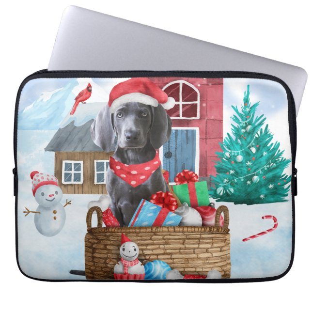 Weimaraner Dog In snow Christmas Dog House Laptop Sleeve (Front)