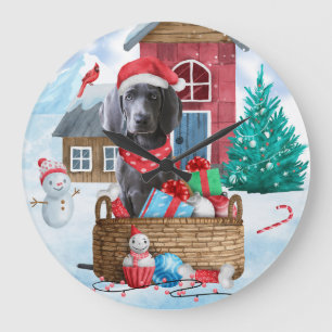 Weimaraner Dog In snow Christmas Dog House Large Clock