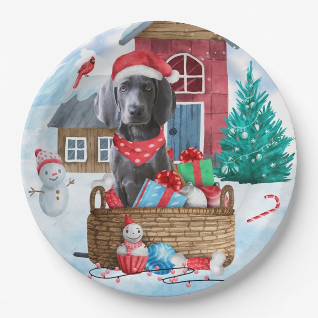 Weimaraner Dog In snow Christmas Dog House Paper Plate (Front)