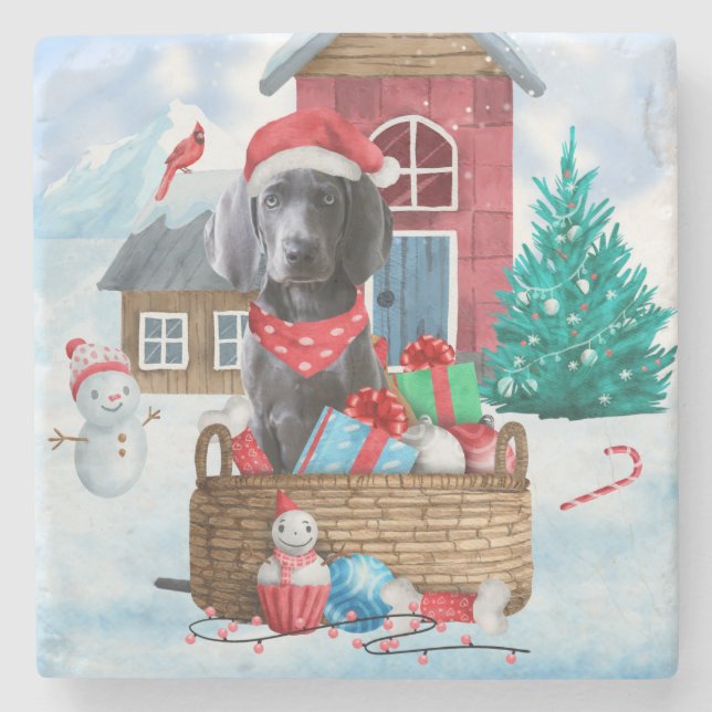 Weimaraner Dog In snow Christmas Dog House Stone Coaster (Front)