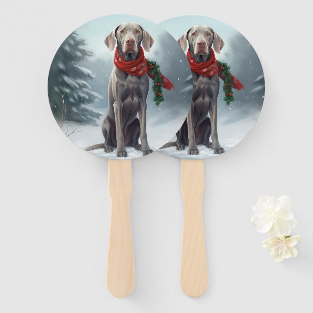 Weimaraner Dog in Snow Christmas Hand Fan (Front and Back)