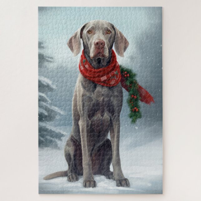 Weimaraner Dog in Snow Christmas Jigsaw Puzzle (Vertical)