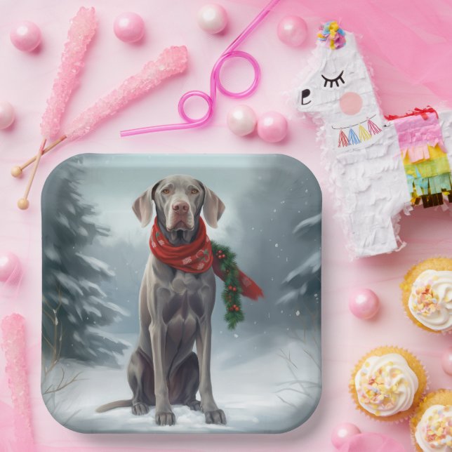Weimaraner Dog in Snow Christmas Paper Plate (Party)