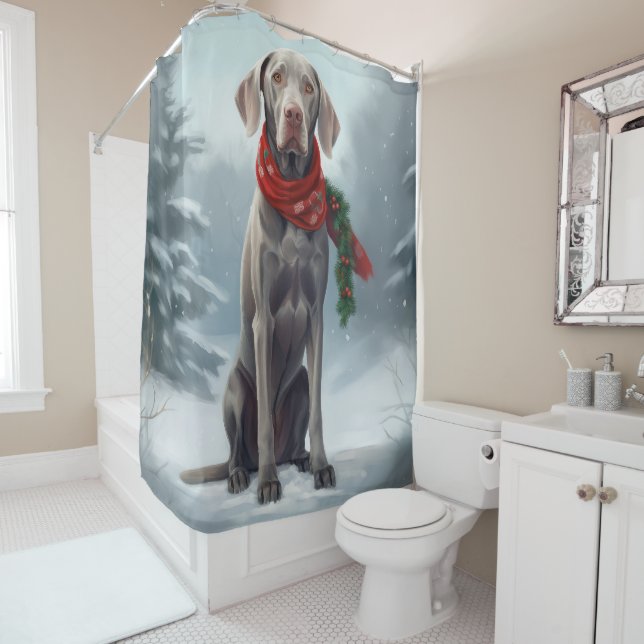 Weimaraner Dog in Snow Christmas Shower Curtain (In Situ)