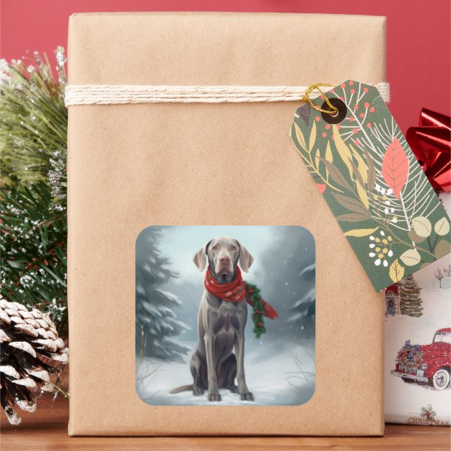 Weimaraner Dog in Snow Christmas Square Sticker (Holiday)