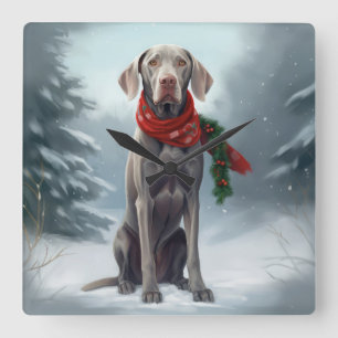 Weimaraner Dog in Snow Christmas Square Wall Clock