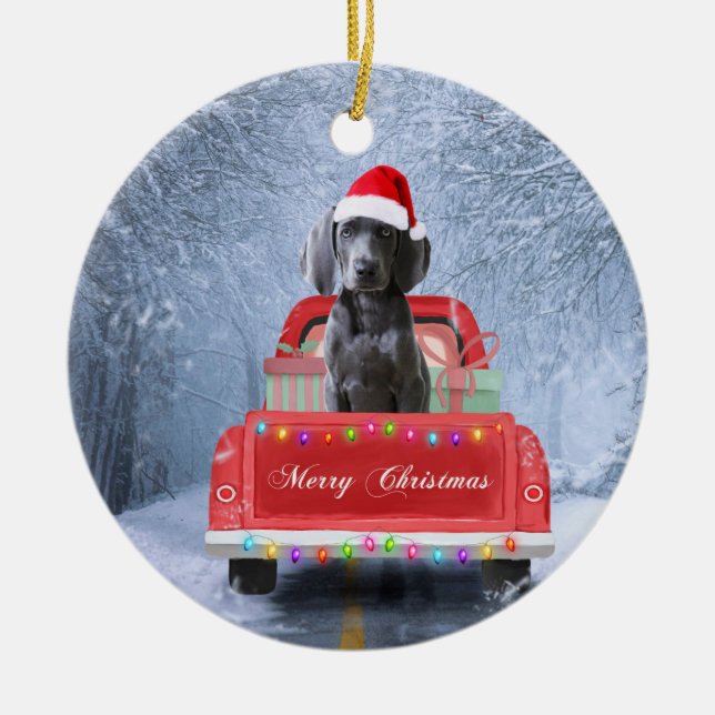 Weimaraner Dog in Snow sitting in Christmas Truck  Ceramic Tree Decoration (Front)