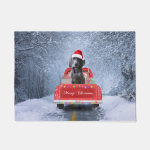 Weimaraner Dog in Snow sitting in Christmas Truck  Doormat