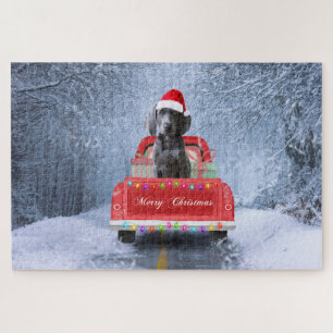 Weimaraner Dog in Snow sitting in Christmas Truck  Jigsaw Puzzle