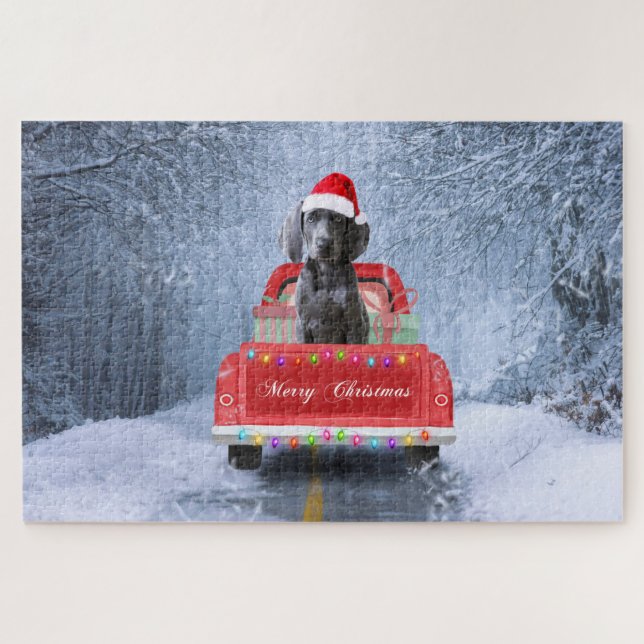 Weimaraner Dog in Snow sitting in Christmas Truck  Jigsaw Puzzle (Horizontal)