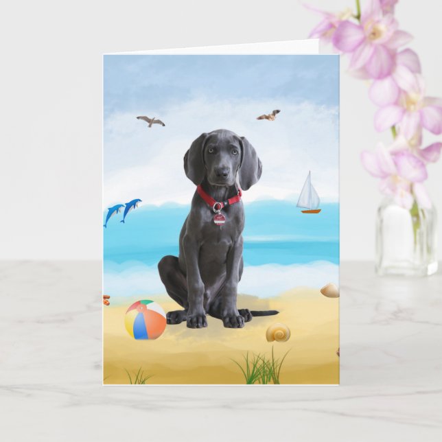 weimaraner Dog on Beach Card (Orchid)