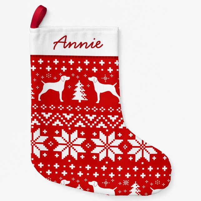 Weimaraner Dog Silhouettes Pattern Red and White Small Christmas Stocking (Front)