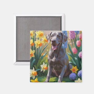 Weimaraner Dog Spring Flowers Painting Magnet
