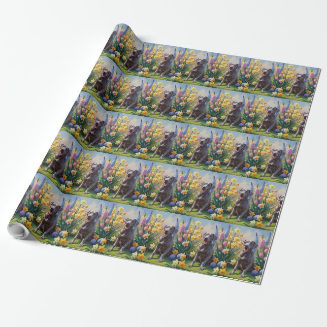 Weimaraner Dog Spring Flowers Painting  Wrapping Paper (Unrolled)
