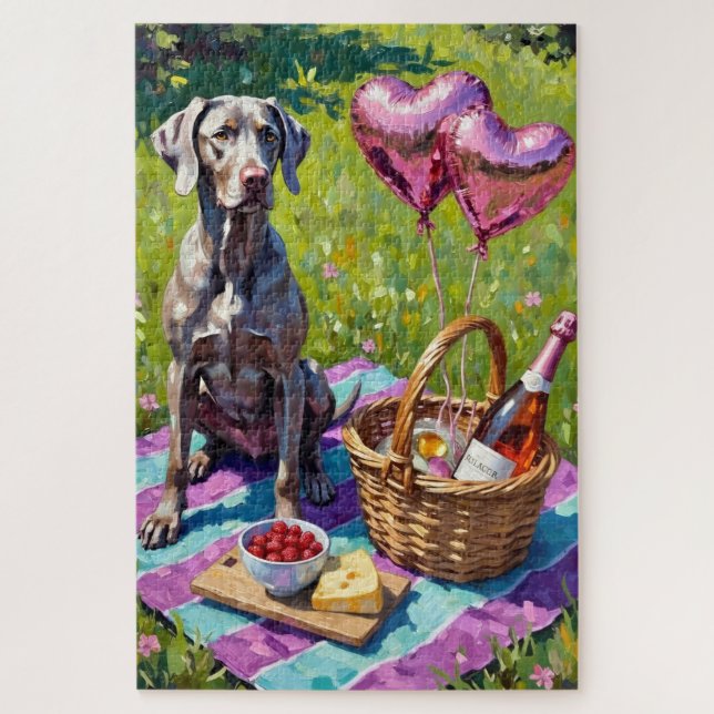Weimaraner Dog Valentine's Day Rosé Picnic Jigsaw Puzzle (Vertical)
