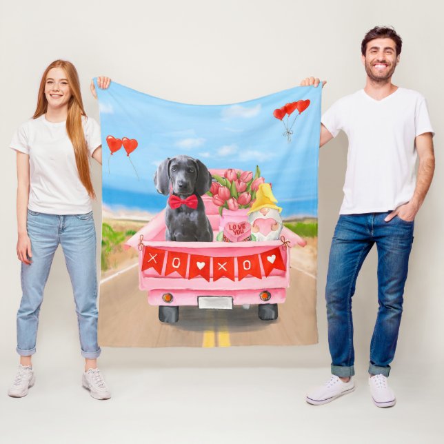 Weimaraner Dog Valentine's Day Truck  Fleece Blanket (In Situ)