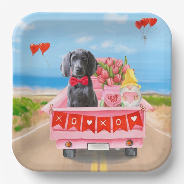 Weimaraner Dog Valentine's Day Truck Hearts Paper Plate (Front)