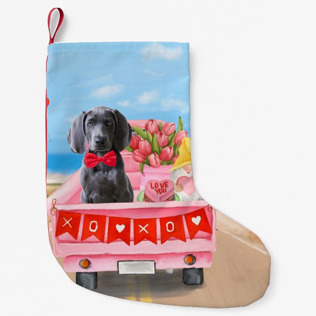 Weimaraner Dog Valentine's Day Truck Hearts Small Christmas Stocking (Front)