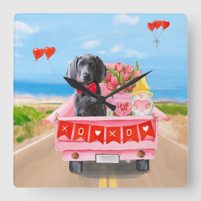 Weimaraner Dog Valentine's Day Truck Hearts Square Wall Clock (Front)