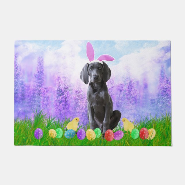 Weimaraner Dog with Easter Eggs Bunny Chicks Doormat (Front)