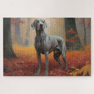 Weimaraner in Autumn Leaves Fall Inspire Jigsaw Puzzle